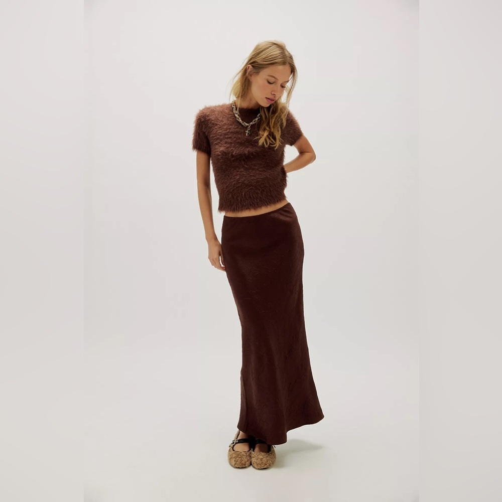 Free People Alexandra Crushed Satin Maxi Skirt Set Brown Small